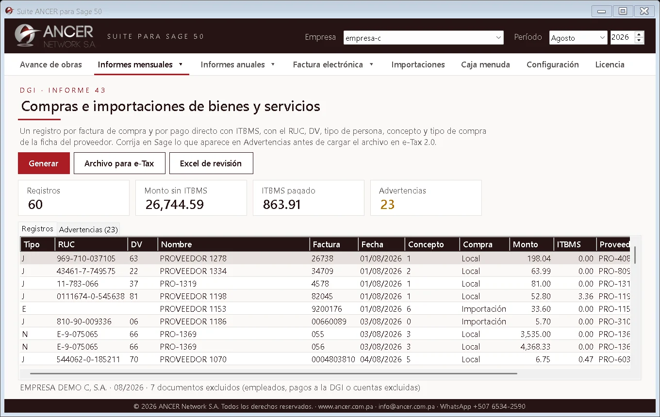 Informe 43 · Compras: Un registro por factura con RUC, DV y concepto, y las advertencias que debes corregir antes de e-Tax.