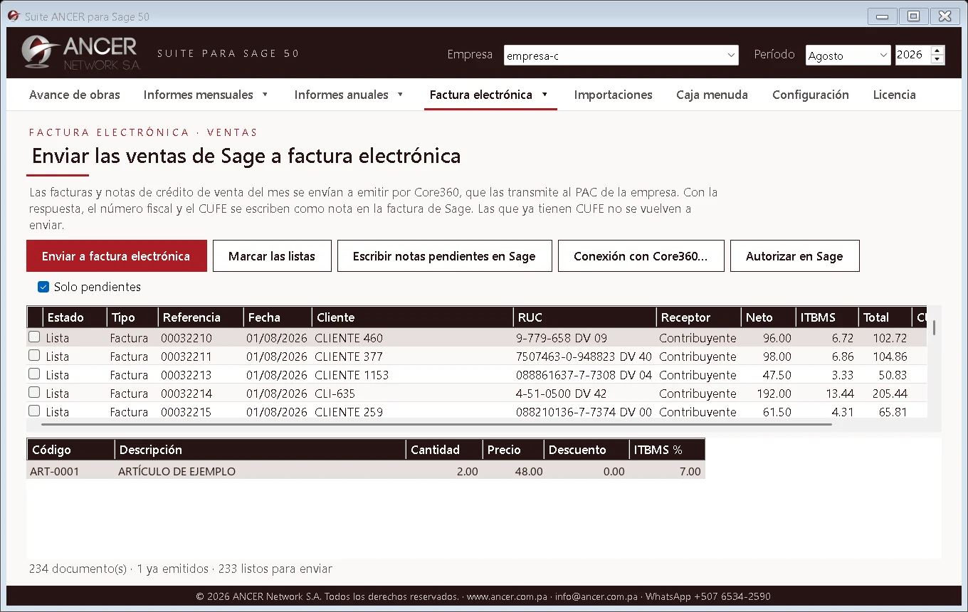 Ventas a factura electrónica: Envía las facturas de Sage al PAC y guarda el número fiscal y el CUFE como nota en cada factura.